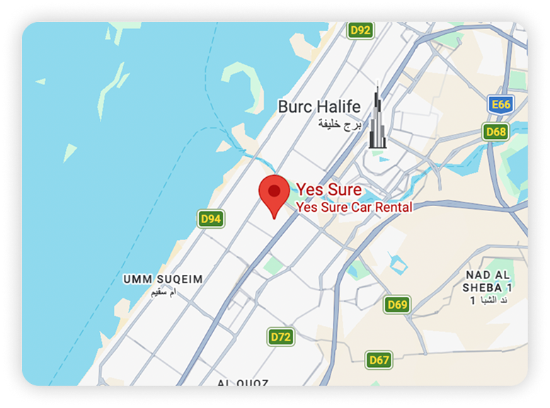 Map of the Yes Sure Car Rental location on Sheikh Zayed Road, Dubai